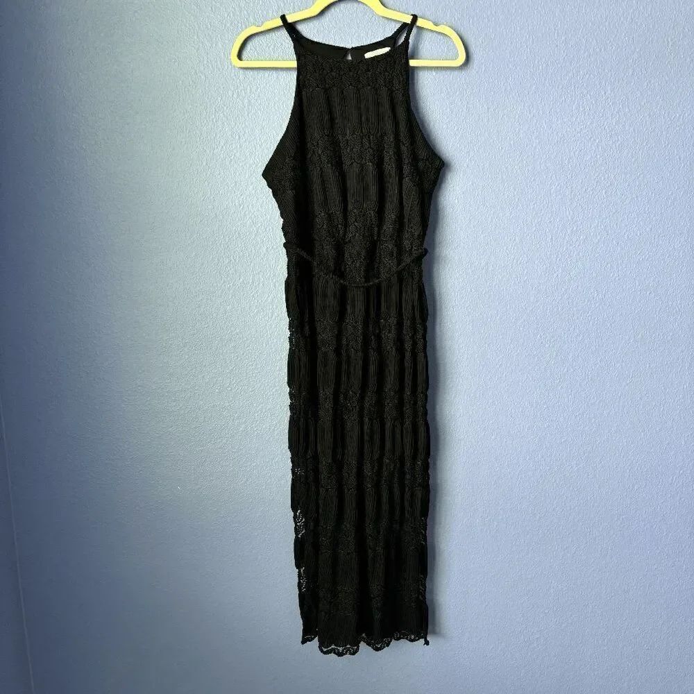 Women's New York & Company Long Dress Black Small Sash Tie Crochet Halter Chic